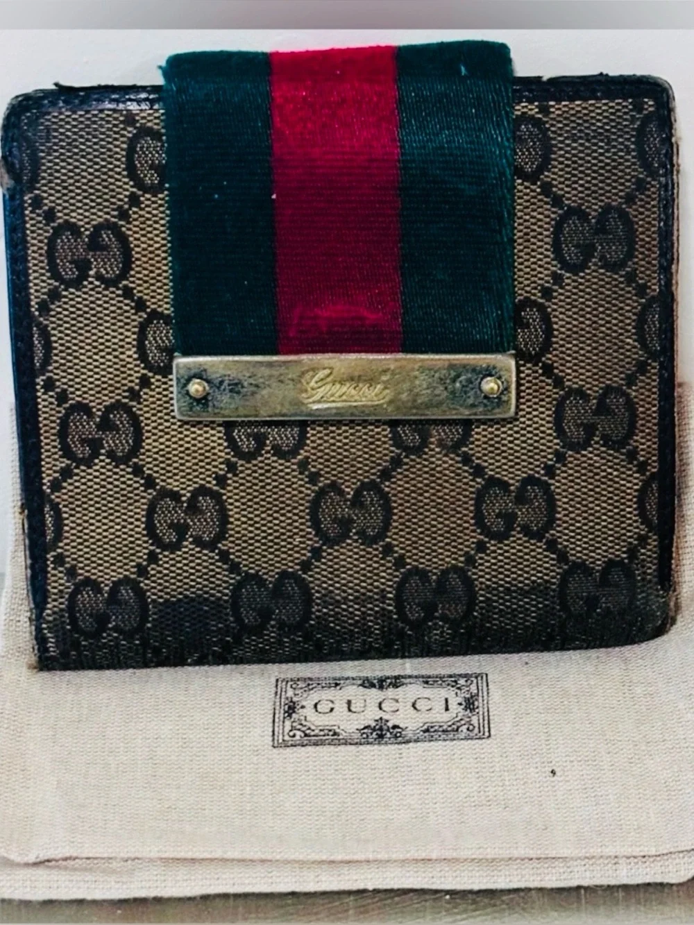 Gucci Sherry Line Red/Green Stripe GG brown canvas leather wallet with dust bag - Picture 1 of 13